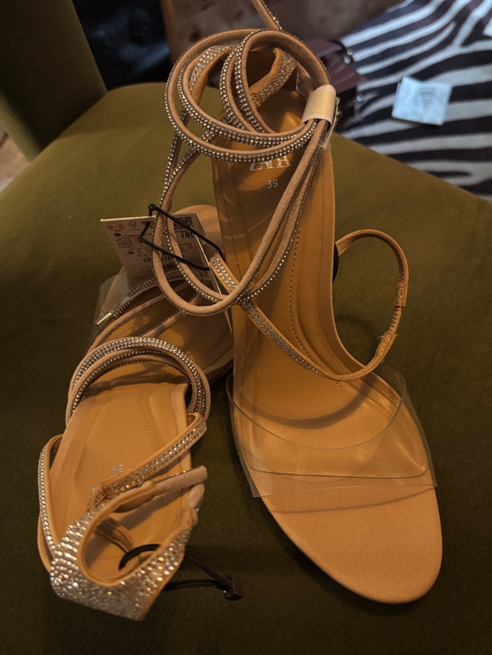 NWT Zara Nude Crystal-Strap Lace-Up Heeled Sandals size 8/39
